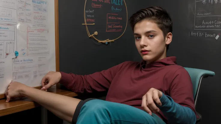 A cute, beautiful young male twink with a face with makeup and red lips. He has black hair. He is wearing a long-sleeved, pink shirt and aqua blue pants. He is in his office, sitting with his legs up on the chair. Behind him is a blackboard with chemical r...