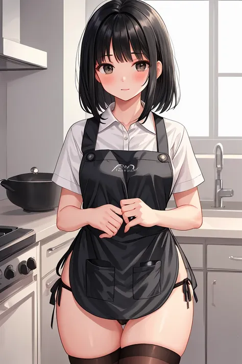 Married Woman　apron　Black Hair　Black Panties