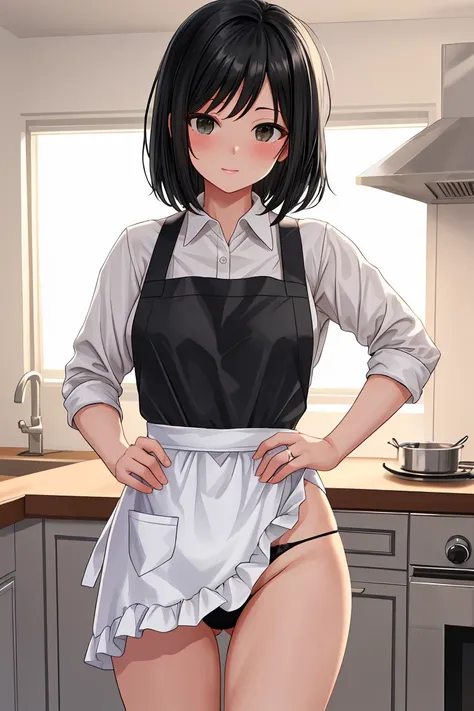 Married Woman　apron　Black Hair　Black Panties