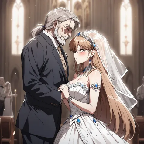 ((Highest quality)), ((masterpiece)), (detailed), （Perfect Face）、The woman is Princess Leona, a strong, dignified, and powerful old man who is a villain, and they embrace each other, kissing as they get married. She has medium-long light brown hair, and is...