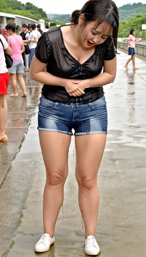 1woman,(masterpiece:1.8),photo-realistic,16k,(beautiful 40s japanese plump lady:1.3),(chiffon blouse:1.4),belt,(denim shorts:1.1),pumps,(whimpering:1.6),(panicking:1.6),(crying:1.7),(handing on wetting crotch with both hands:1.2),(Expressway service area:1...