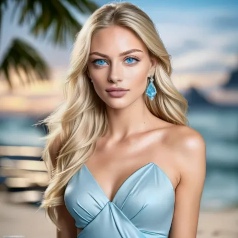 Full-length hyperrealistic photograph of a beautiful woman, 30 years old, australian, top model, athletic body, white summer dress, very light blonde hair, ((light and bright blue eyes)), small diamonds earrings in ears, very long eyelashes, sensual lips, ...