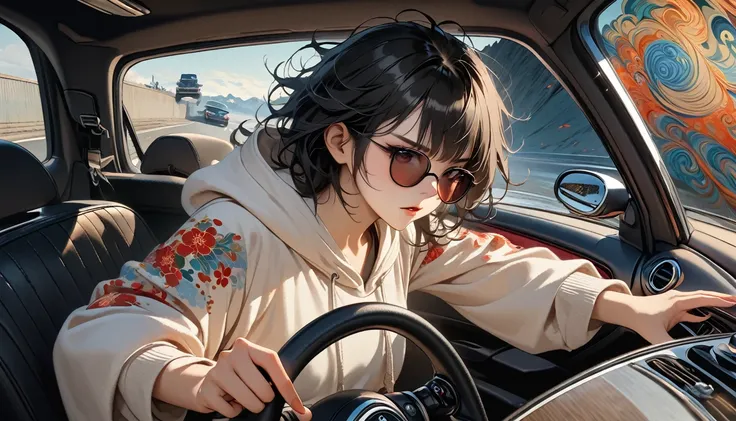 ((8k of extremely detailed CG unit, Masterpiece, high resolution, highest quality, highest quality real texture skin)), (wearing Japanese pattern headphones), ((1 girl)), (((Driving a Mini Cooper))), (((sunglasses))), (Japanese pattern hoodie, Japanese-sty...