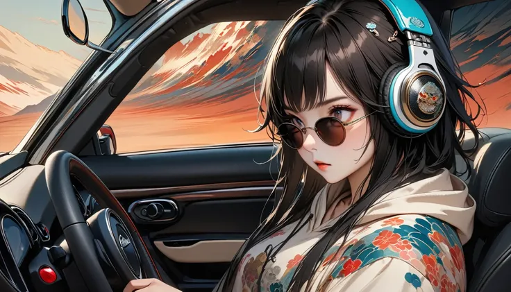 ((8k of extremely detailed CG unit, Masterpiece, high resolution, highest quality, highest quality real texture skin)), (wearing Japanese pattern headphones), ((1 girl)), (((Driving a Mini Cooper))), (((sunglasses))), (Japanese pattern hoodie, Japanese-sty...