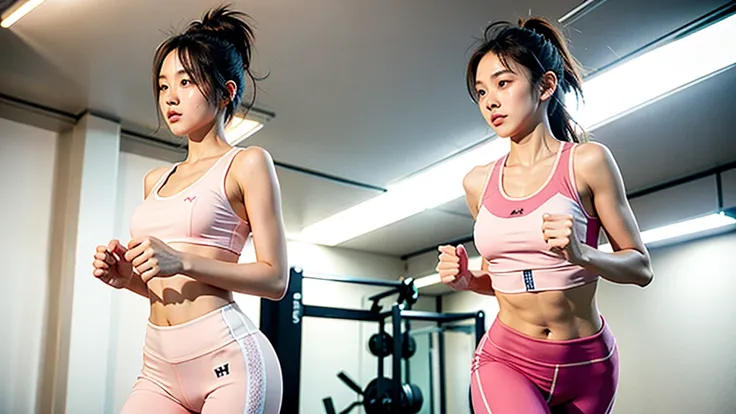 1girl, Running, gym, tight light pink workout clothes,