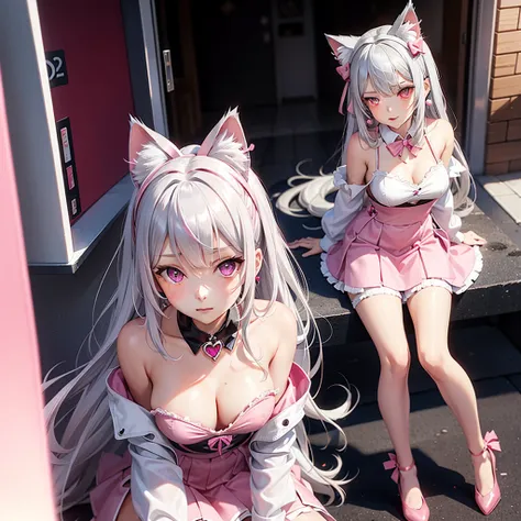 Silver hair, pink eyes, body, cat ears, sexy girl, earrings, hearts background fantasy, red pink skirt uniform, hair bows, sit down 