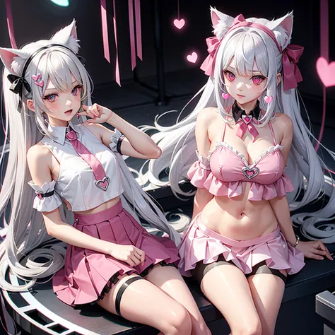 Silver hair, pink eyes, body, cat ears, sexy girl, earrings, hearts background fantasy, red pink skirt uniform, hair bows, sit down 