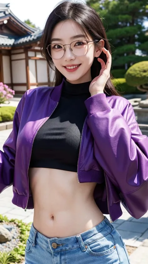 Korean girl wearing a crop top and purple jacket, black hair, wearing glasses, black jeans, six pack abs, smiling, in the Japanese garden