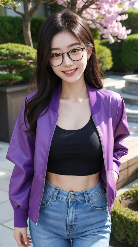 Korean girl wearing a crop top and purple jacket, black hair, wearing glasses, black jeans, six pack abs, smiling, in the Japanese garden