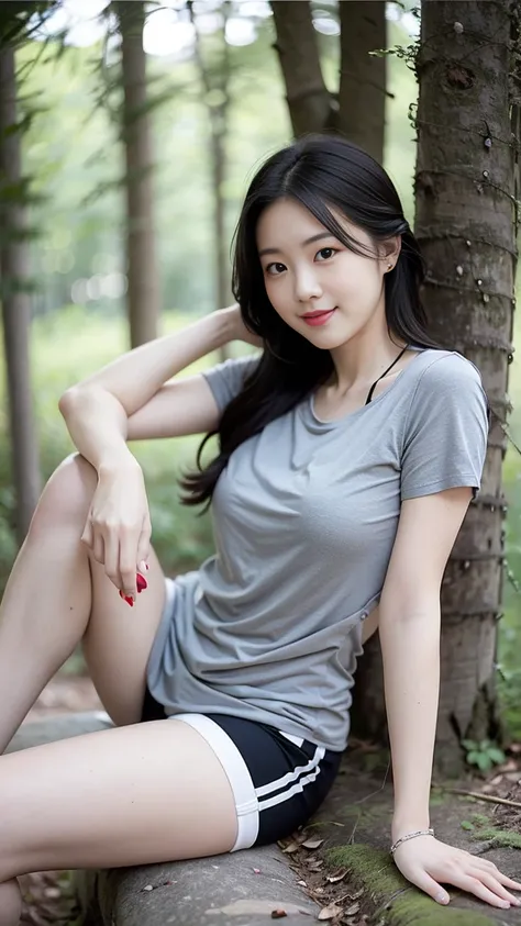 masterpiece, best quality, Surreal, Ultra Detailed, 8k resolution, RAW photos, Clear focus, (A girl in the forest), ((light gray shirt:1.1)),  Short sleeve, sports Shorts,Full body posture, Solitary, Perfect body, Become a, 32 inches in the chest,(a charmi...