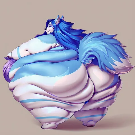 Wolf, female, long hair, morbidly onese,fat arms, fat legs, belly rolls,blue fur,light blue stripes,fluffy tail , hyper ass,back view, back rolls, chubby cheeks, double chin 