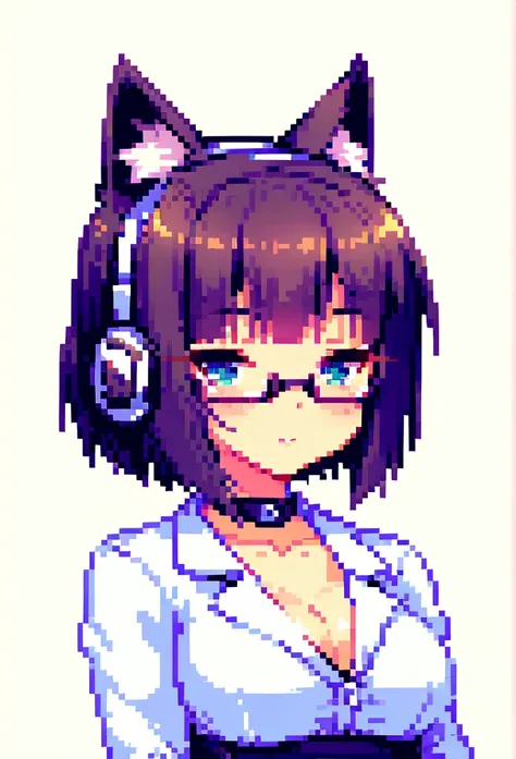 a cute anime girl with cat ears, wearing headphones and glasses, in a 2d pixel art style