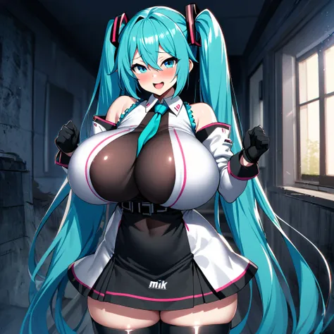 hatsune_miku, 1girl, solo, long hair, looking at viewer, smile,gigantic huge breasts, open mouth, bangs, blue eyes,house background, darkened room,thigh highs, gloves, dress, bow, ribbon,twintails, very long hair, blue hair, hair bow, belt, tie,pulls her c...