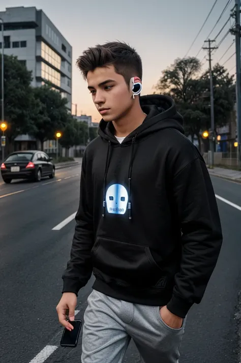 Create a 3D illusion for a profile picture where a 20-Year-old cute boy in a black hoodie wearing headphone and android phone in hand. The boy must walking on roadside and lights on road 