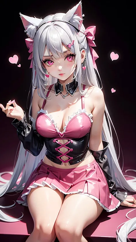 Silver hair, pink eyes, body, cat ears, sexy girl, earrings, hearts background fantasy, red pink skirt uniform, hair bows, sit down 