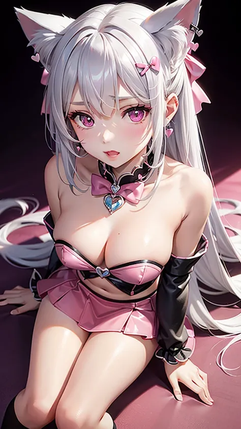 Silver hair, pink eyes, body, cat ears, sexy girl, earrings, hearts background fantasy, red pink skirt uniform, hair bows, sit down 