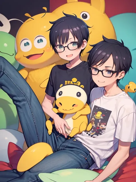 A boy wearing a white short-sleeved T-shirt with an illustration of a cute big yellow frog printed on it、Black Hair、Shortcuts、Shaved back hair、Wear round glasses on your head、Jeans Trousers、Upper Body、laughing、