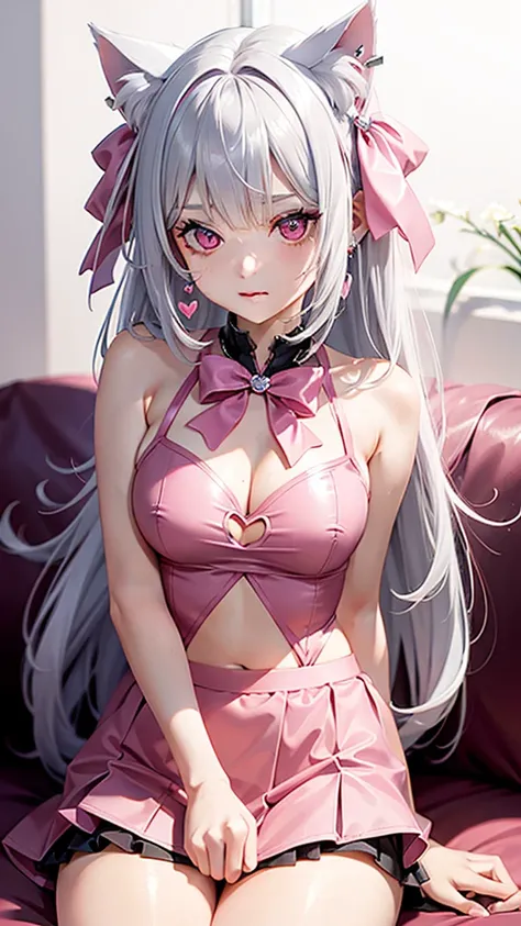 Silver hair, pink eyes, body, cat ears, sexy girl, earrings, hearts background fantasy, red pink skirt uniform, hair bows, sit down 