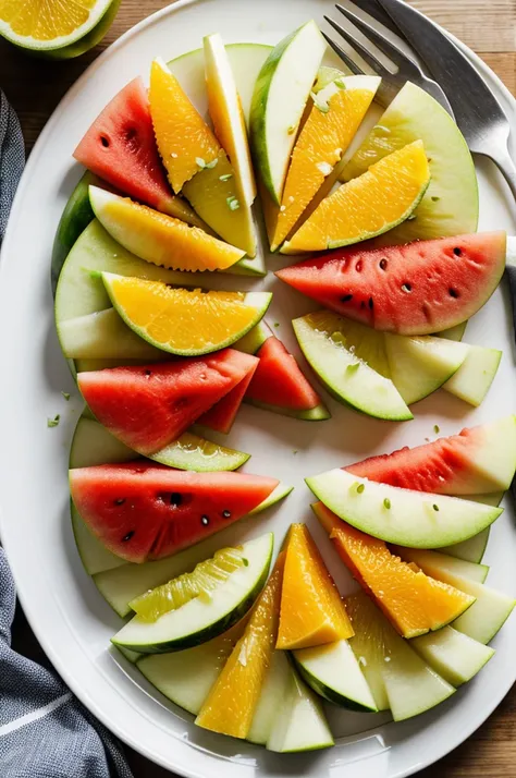 Make slices of honeydew,watermelon,apple and orange served on white plate