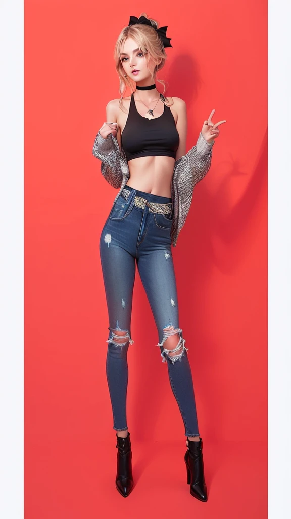 a woman in a black top and Jeans posing for a picture, ripped Jeans, Jeans, blue Jeans, Torn clothing, ( ( ( wearing Jeans ) ) ), Jeans pants, Casual pose, Jeans-Hotpants, Full body photo shoot, denim Jeans, wearing Jeans, Full body image, Clothing photogr...