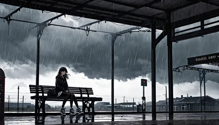 Ultra high definition photo. The sky is cloudy and full of dark clouds. Its dark like a place where its going to rain. At an old train station, a girl sits lonely on her bench.
Her hair is flying. She girl is wearing bb sneakers. side shot of girl