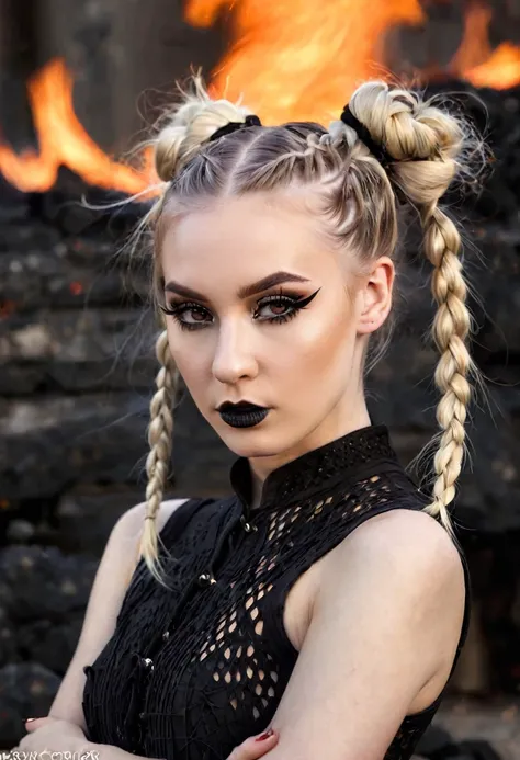 rim lighting, (upper body portrait:1.2), gorgeous cute skinny pale (MF) woman,blond long hair waving in the wind, braids, buns, goth girl, goth clothes, eye makeup, perfect symmetrical face, small breasts, dynamic pose, looking into the camera, fire blaze,...