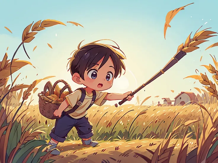 A little boy is holding a sickle and bending over to harvest golden wheat in the wheat field