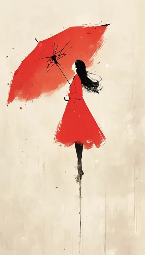 simple，minimalist illustration，1pcs red umbrella-suspended in the air，solitary figure