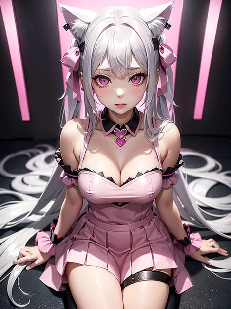 Silver hair, pink eyes, body, cat ears, sexy girl, earrings, hearts background fantasy, red pink skirt uniform, hair bows, sit down 