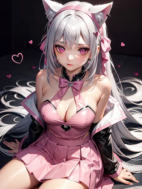 Silver hair, pink eyes, body, cat ears, sexy girl, earrings, hearts background fantasy, red pink skirt uniform, hair bows, sit down 