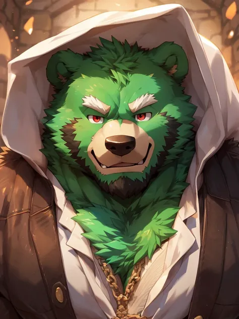 anthro, kemono, male, solo, ((round face, very plump face, thick beard)), ((endomorph body type, old-aged)), (adventure costume), ((green bear, bear) fluffy fur, fluffy), (at old ruin, dungeons), bokeh, (high quality, highres, masterpiece), (dynamic lighti...