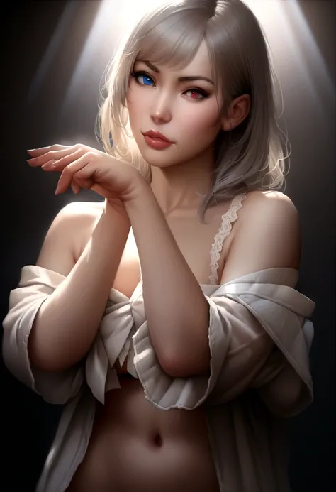 Highest quality, masterpiece, Ultra-high resolution, (Realistic: 1.4), RAW Photos, One girl, Off the shoulder, Cinema Lighting, Kiss pose, Heterochromia iridis, Gray Hair, Gray Hair