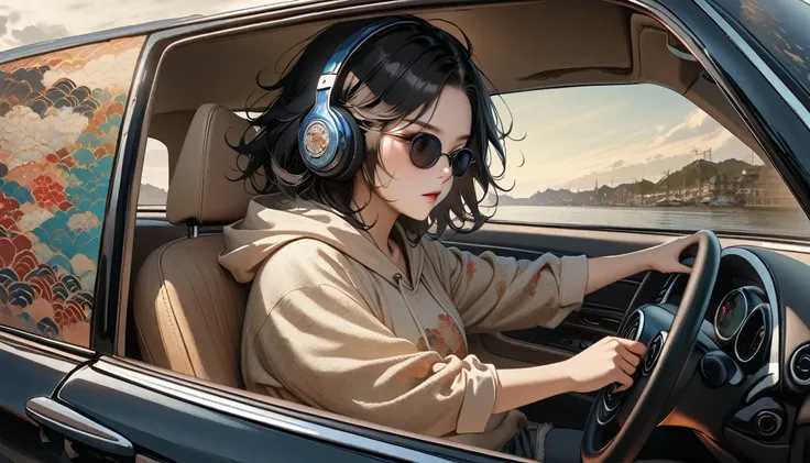 ((8k of extremely detailed CG unit, Masterpiece, high resolution, highest quality, highest quality real texture skin)), (wearing Japanese pattern headphones), ((1 girl)), (((Driving a Mini Cooper))), (((sunglasses))), (Japanese pattern hoodie, Japanese-sty...