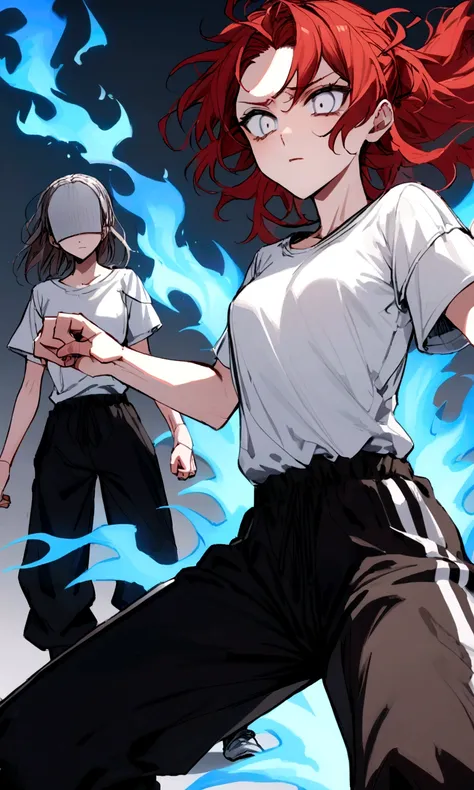 make me a female, 22 years old, red long messy hair, white eyes, shes blind, white tight shirt and baggy black sweatpants, emotionless face, shes fighting, blue fire powers