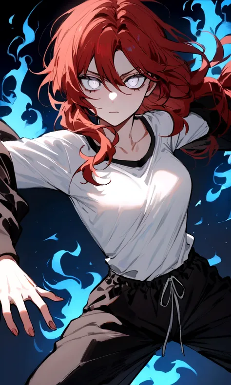 make me a female, 22 years old, red long messy hair, white eyes, shes blind, white tight shirt and baggy black sweatpants, emotionless face, shes fighting, blue fire powers