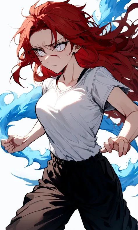 make me a female, 22 years old, red long messy hair, white eyes, shes blind, white tight shirt and baggy black sweatpants, emotionless face, shes fighting, blue fire powers