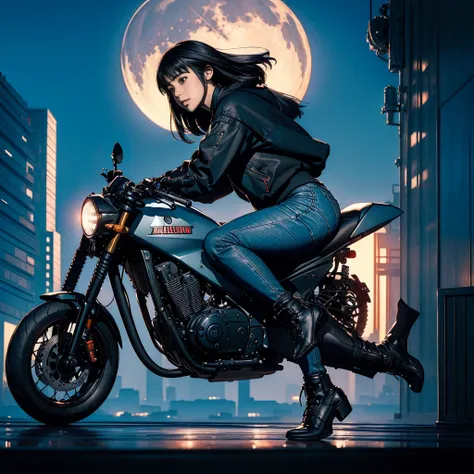 Elaizaikedareal, Top quality, masterpiece, photography, 4K, photorealistic, very detailed, one girl riding a motorcycle, techware, cyberpunk city, alone, futuristic, huge moon in the background, Akira Toriyama, close,