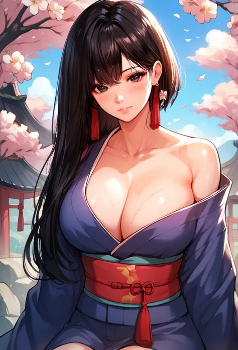  nari, black eyes, black hair, long hair, big breasts,  long tassel earrings ,kimono,short hair 