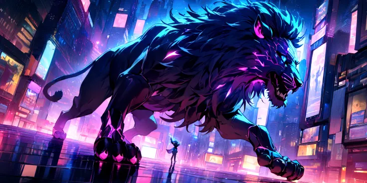 ((masterpiece, Highest quality, Best image quality, High resolution))A lion with the head of a donkey、Giant chimera、 Glowing blue eyes and advanced cybernetic enhancements. The giant demon is seen in a dynamic action pose, Neon-lit rooftop, reflection on a...