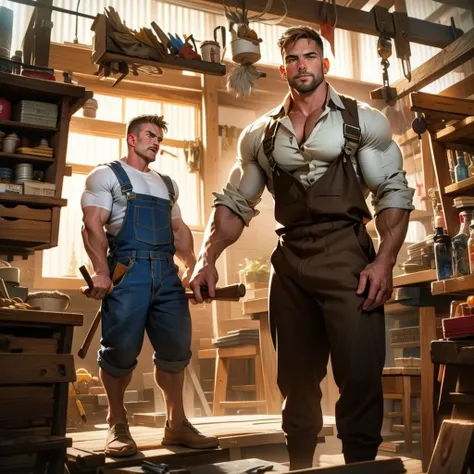 masterpiece, best quality, face, natural eyes, 1man, macho man,, muscled and mature, stephen amell as a carpenter wearing totally unbuttoned overall, sweating, tight cloth showing his muscles and bulge , full body , background wood workshop , woodwork of c...