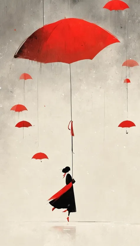 simple，Minimalist illustration，geometry，1pcs red umbrella-suspended in the air，solitary figure