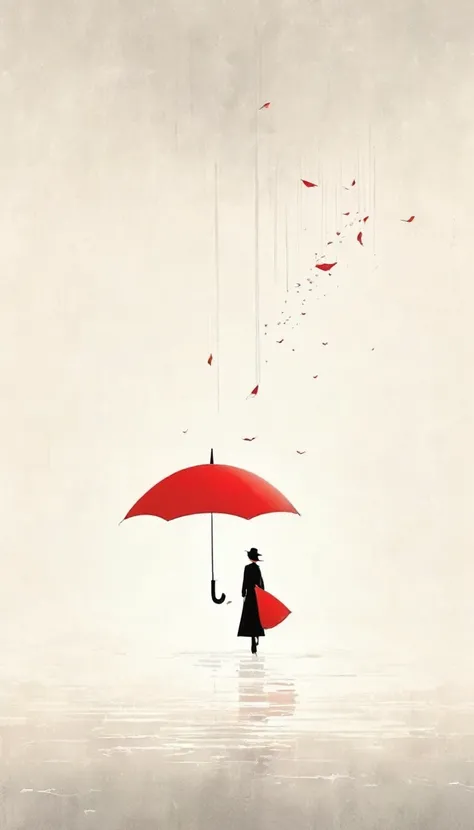 simple，Minimalist illustration，geometry，1pcs red umbrella-suspended in the air，solitary figure