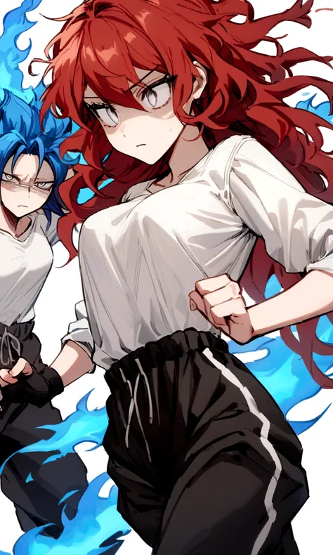 make me a female, 22 years old, red long messy hair, white eyes, shes blind, white tight shirt and baggy black sweatpants, emotionless face, shes fighting, blue fire powers