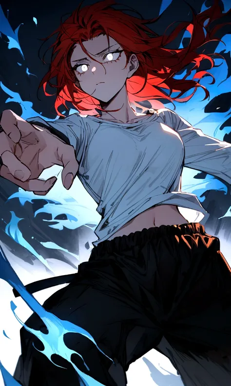 make me a female, 22 years old, red long messy hair, white eyes, shes blind, white tight shirt and baggy black sweatpants, emotionless face, shes fighting, blue fire powers