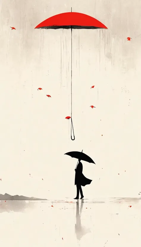 simple，Minimalist illustration，1pcs red umbrella-suspended in the air，solitary figure