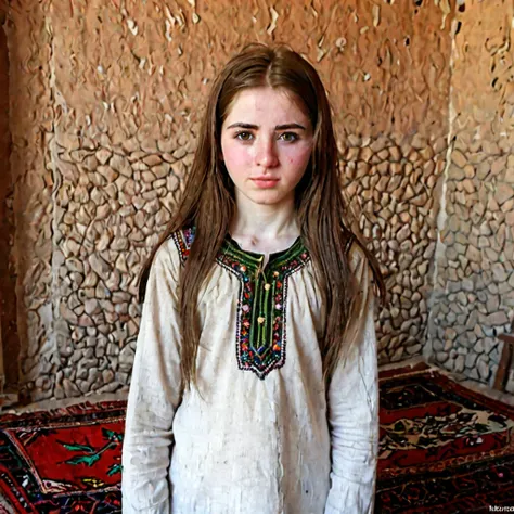 Beautiful pale skin kurdish teen in village room 