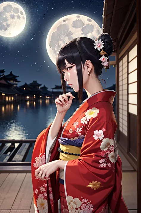 Japanese woman , bloody kimono , full moon , nuit , badass