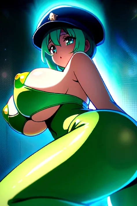 Galaxy space, vibrant colors, beautiful woman, huge , tiny green bikini showing cameltoe, big ass, CAP, green latex gloves, best quality, anime illustration, cinematic lighting, ((solo, one girl)), (8K CG, highly detailed), green hair, big breast, showing ...