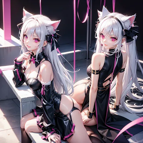 Silver hair, pink eyes, body, cat ears, sexy girl, earrings, background fantasy,uniform, hair bows, sit down, happy face