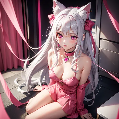 Silver hair, pink eyes, body, cat ears, sexy girl, earrings, background fantasy, red pink uniform, hair bows, sit down, happy face